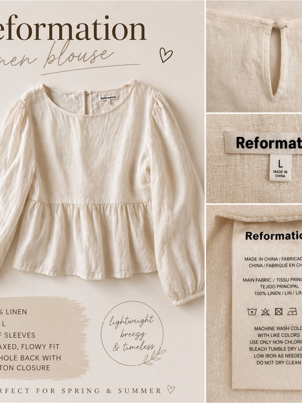 Reformation Cream Linen Peplum Top